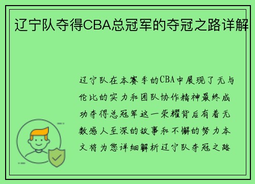 辽宁队夺得CBA总冠军的夺冠之路详解